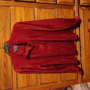 Anthropologie Red Long Sleeve Pop Over Button Pleat Blouse Relaxed Mockneck